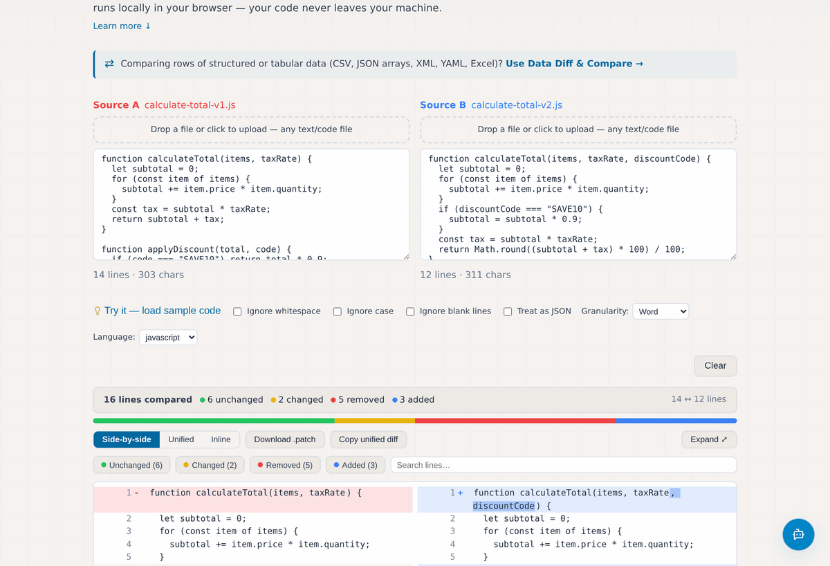 File Compare & Merge side-by-side view of two code files with changed lines and changed words highlighted.